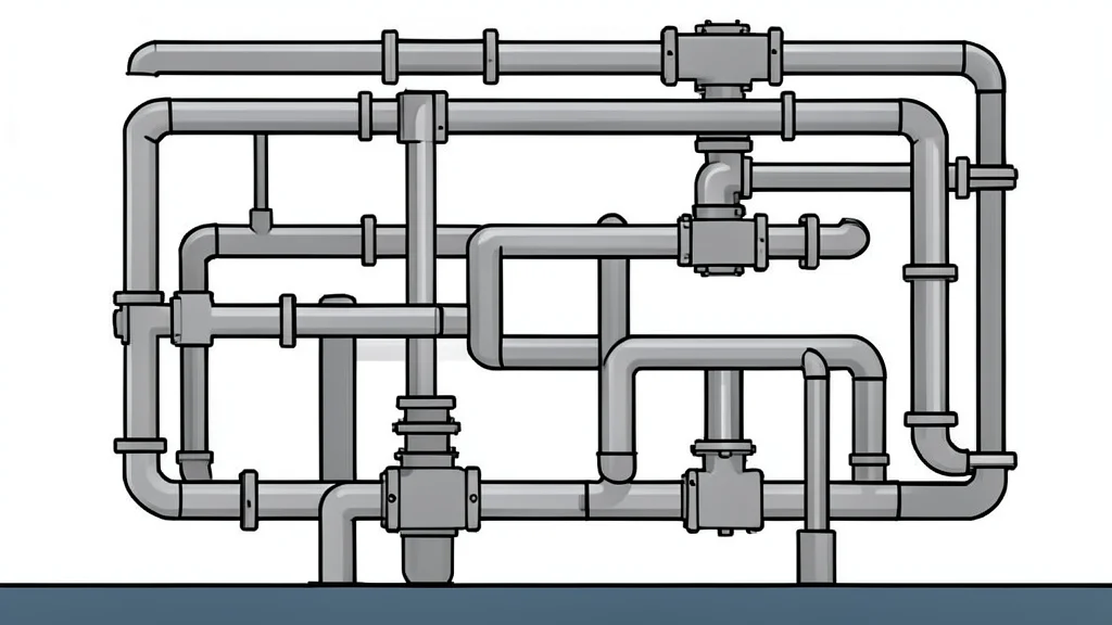 A complex network of metallic pipes and valves in an industrial facility