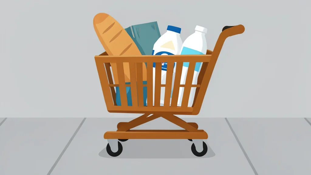 A wooden shopping cart filled with generic grocery items like bread and milk, sitting on a concrete sidewalk.