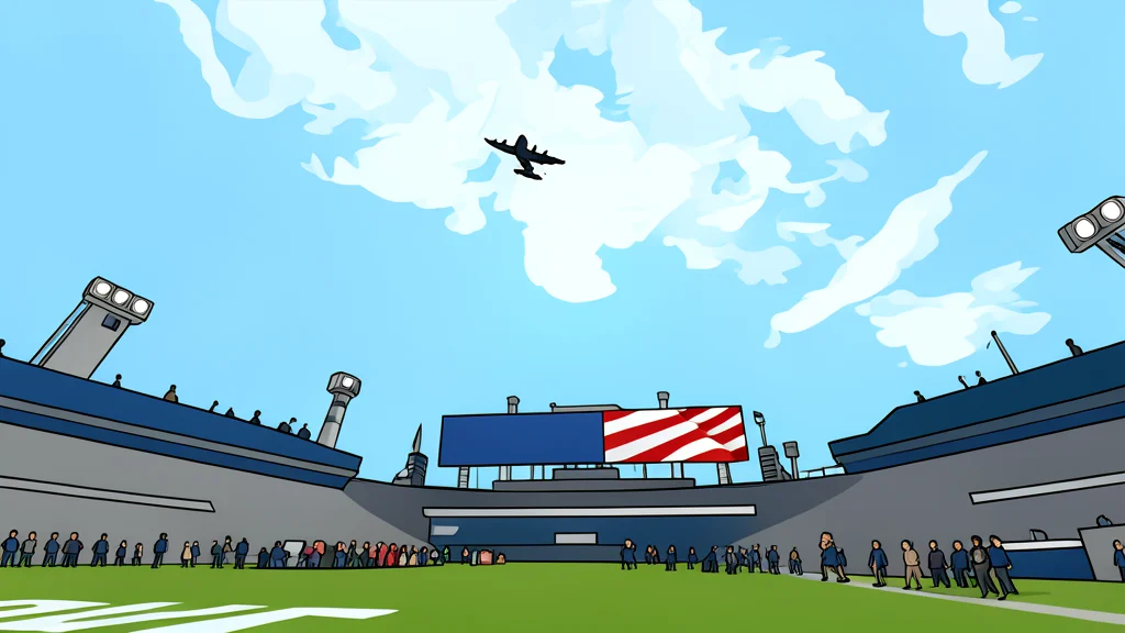 A large outdoor stadium with green grass and white yard lines, surrounded by empty blue seats and a clear sky.