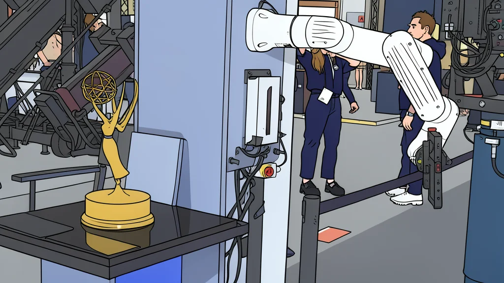 A compact, multi-jointed robotic arm with a camera mount attached to its end effector, positioned on a studio table.