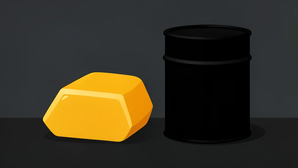 A polished gold bar resting on a dark surface next to a black oil drum