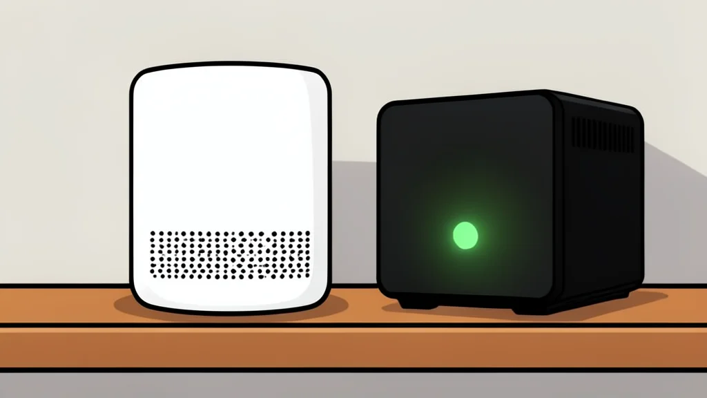 A white cylindrical smart speaker sitting on a wooden shelf next to a small black mini PC with a glowing status light