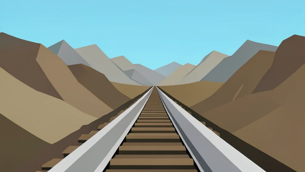 A long, straight railway track stretching across a rugged, mountainous landscape under a clear sky