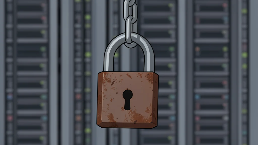 A heavy iron gate with a padlock, set against a blurred background of server racks