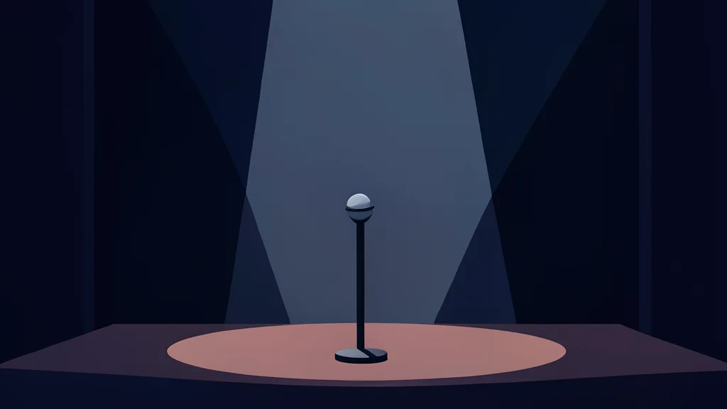 A microphone stand under a spotlight in a dark auditorium.