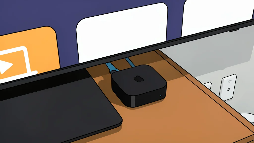 A sleek, black rectangular media streaming box with a glossy finish sitting on a wooden shelf next to a remote control.