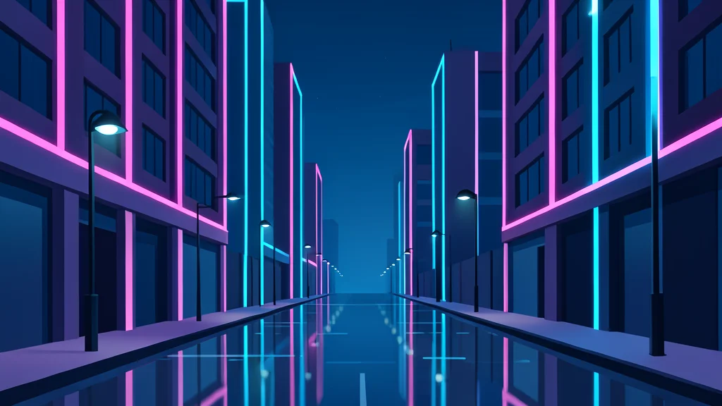 A futuristic city street at night with neon lights and rain-slicked pavement