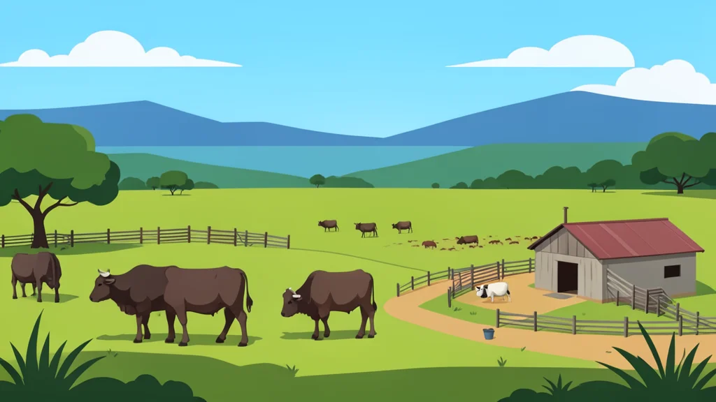A flat vector illustration of a rural landscape in Catatumbo with grazing buffalo and small agricultural infrastructure.