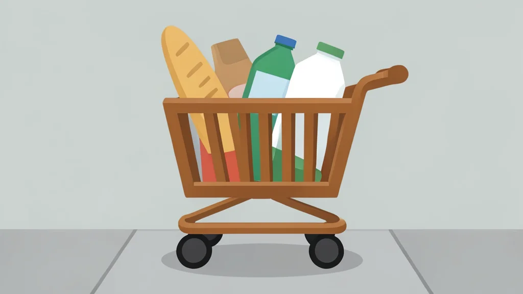 A wooden shopping cart filled with generic grocery items like bread and milk, sitting on a concrete sidewalk.