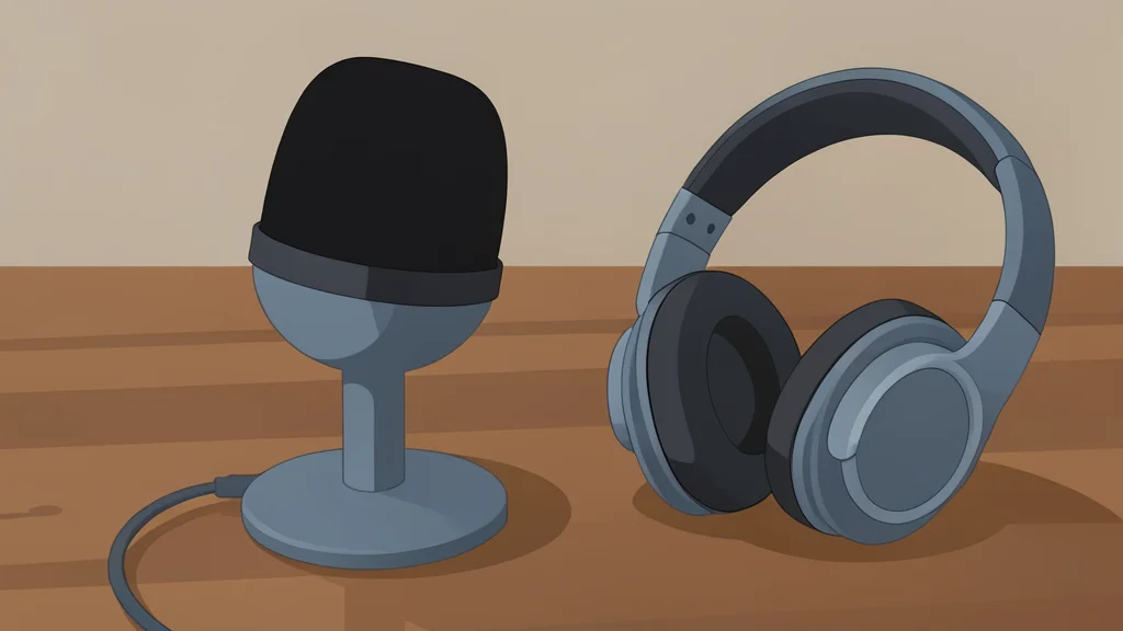 A vintage microphone with a foam windscreen resting on a wooden desk near a football helmet