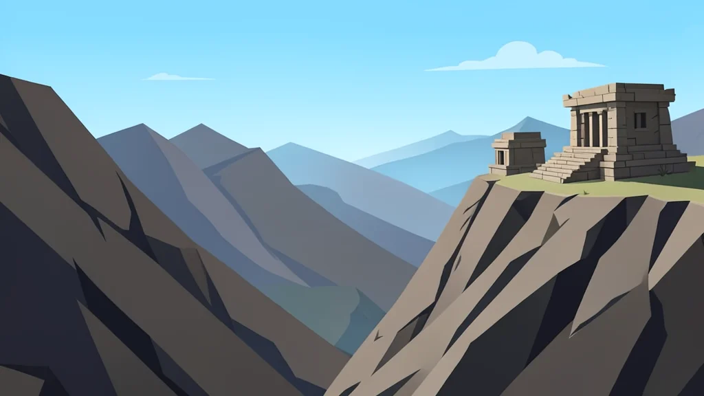 Ancient stone temple structures perched on a rocky mountain ridge overlooking a valley