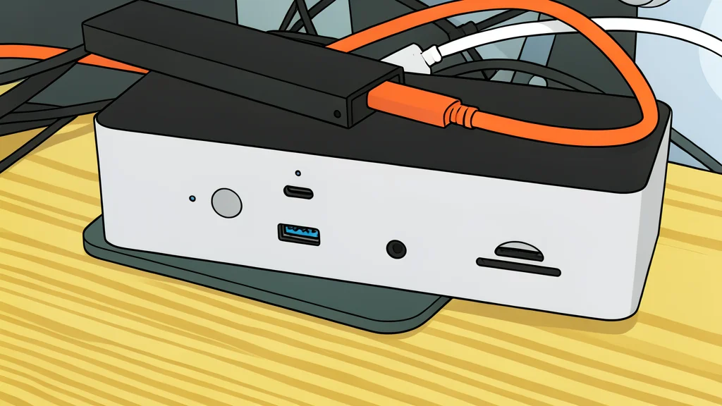 A silver USB-C cable plugged into a black docking station
