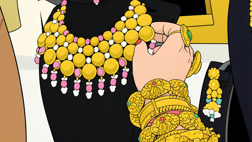 A stack of gold coins and a delicate gold chain resting on a dark velvet cloth