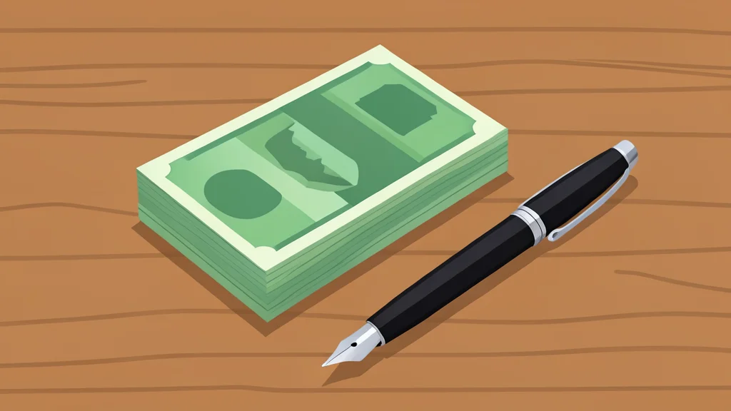 A stack of physical currency notes and a fountain pen resting on a wooden desk