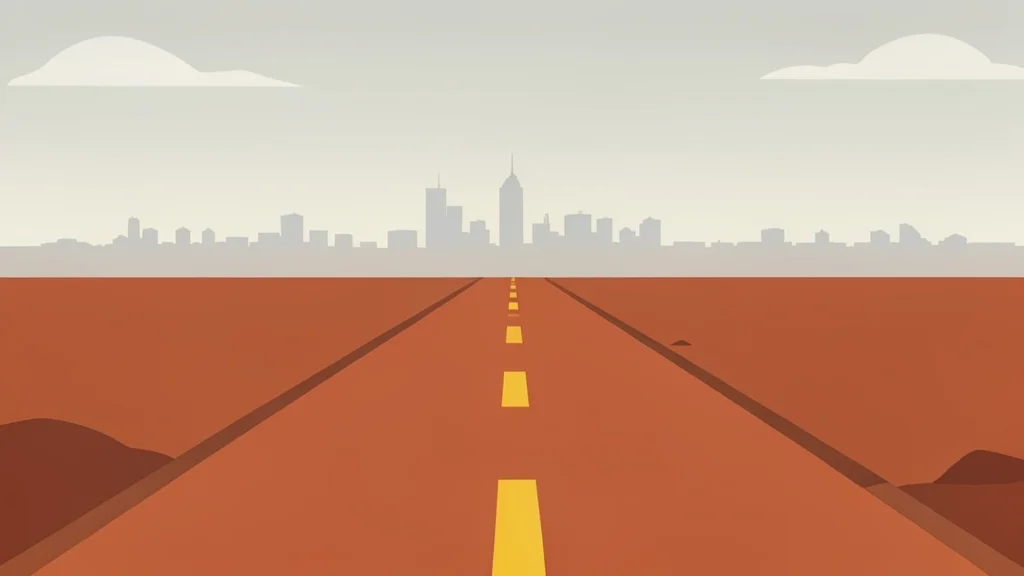 A dusty red-earth road stretching towards a distant city skyline under a hazy sky