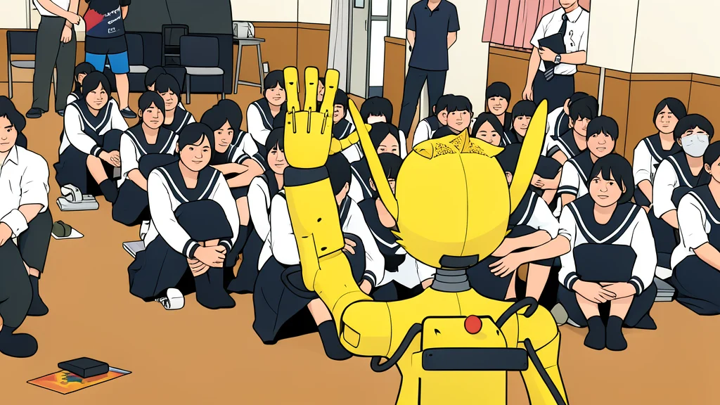 A stylized flat vector illustration of a humanoid robot standing in a classroom setting with desks and a whiteboard, featuring simple geometric shapes and a neutral color palette.