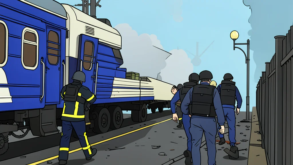 A flat-vector illustration of a railway locomotive engine carriage sitting on tracks near a border crossing point
