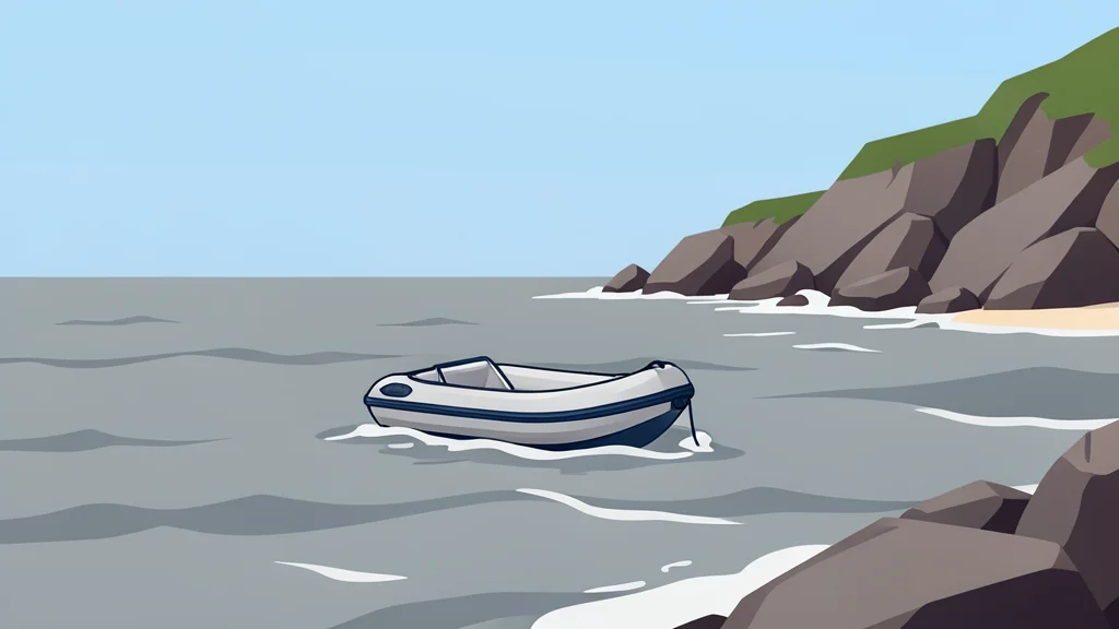 A small inflatable dinghy floating on choppy grey sea water near a rocky coastline