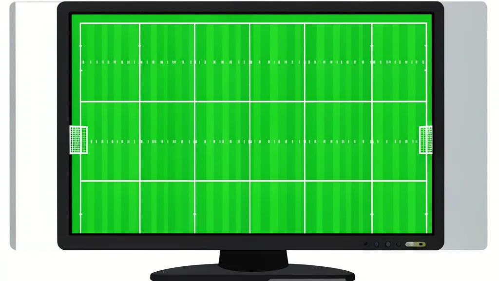 A flat vector illustration of a television screen displaying a grid of multiple green football fields with white yard lines and goalposts, devoid of any text or numbers.
