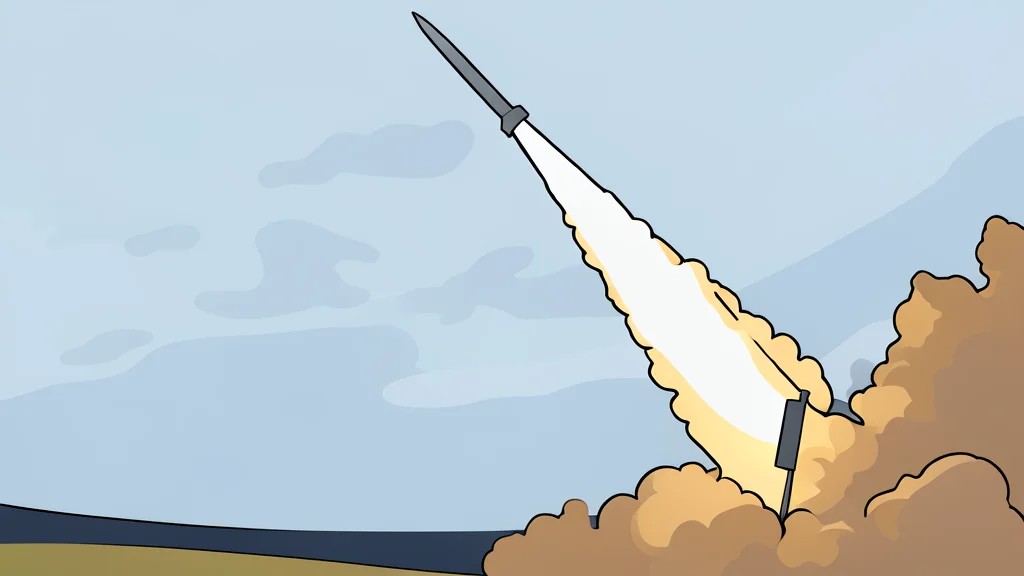 A sleek, metallic short-range ballistic missile standing vertically on a concrete launch pad in a foggy field