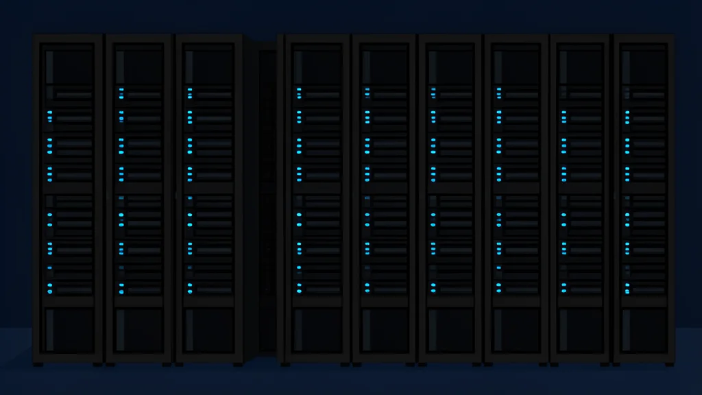 A dense cluster of black server racks with glowing blue status lights in a dark room