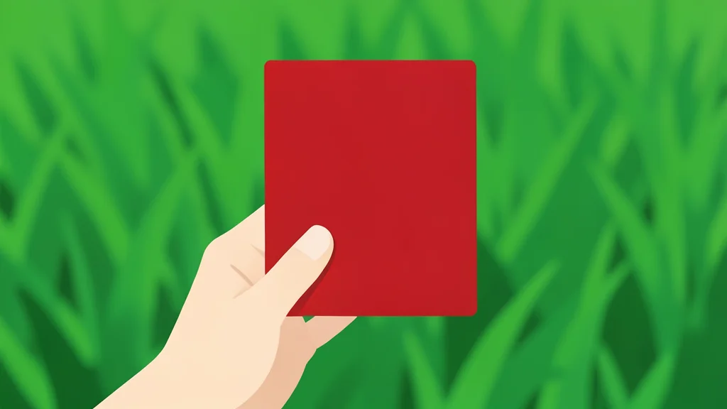 A red card held in a hand against a blurred green grass background