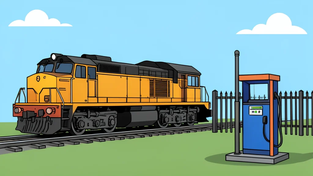 A railway locomotive and a gas station pump situated near a border fence