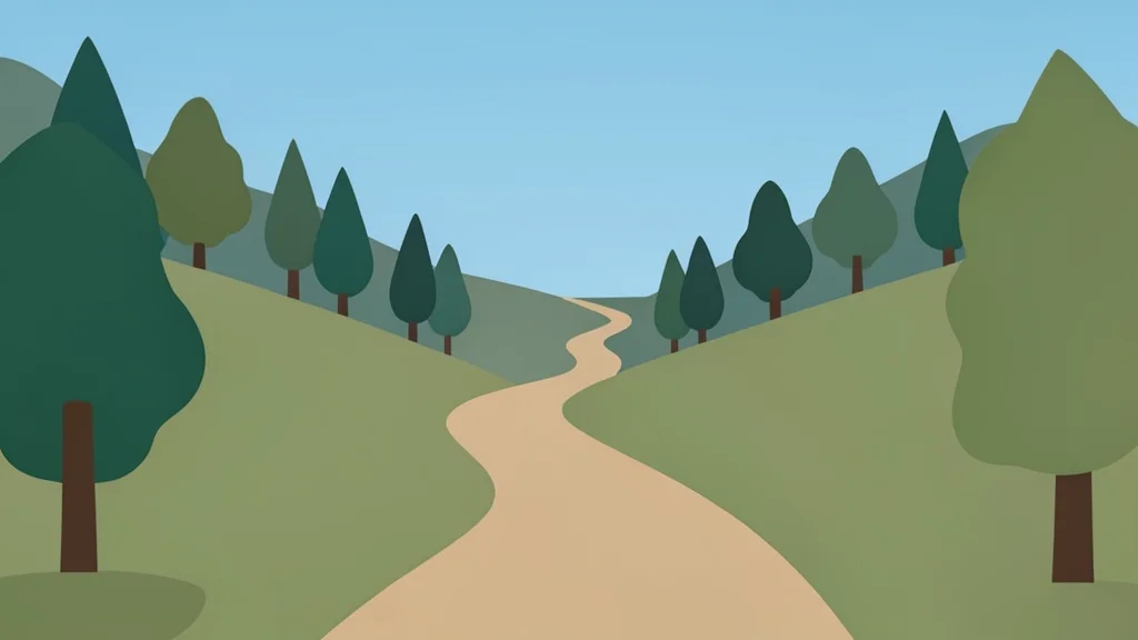 A winding dirt path separating two distinct forested hillsides under a clear sky