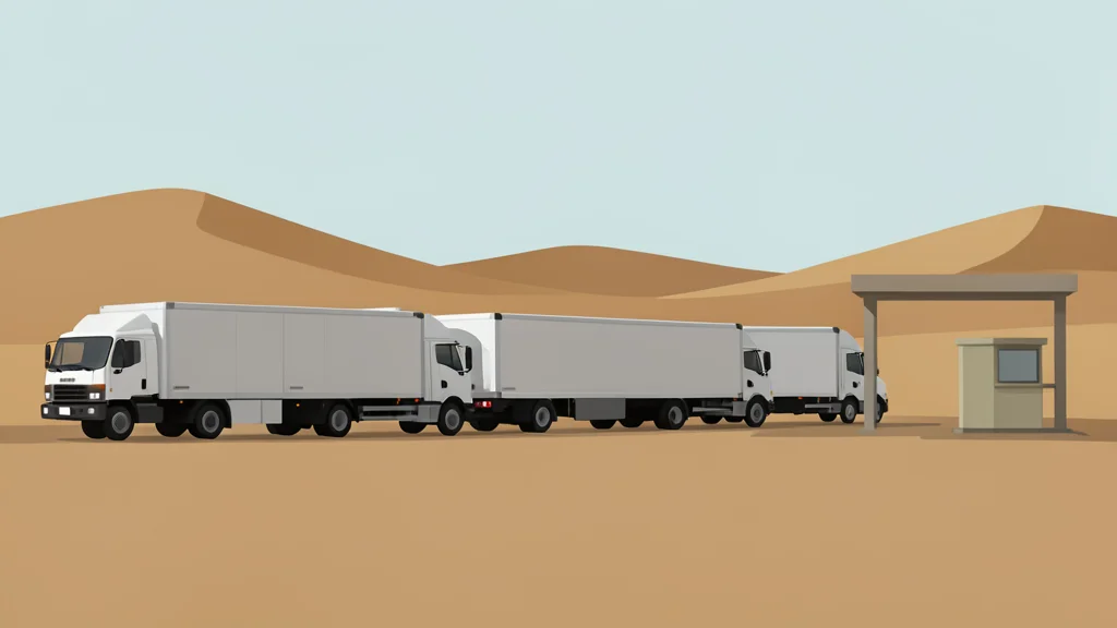A long line of trucks waiting at a desert border checkpoint