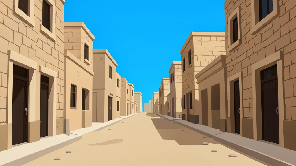 A quiet, dusty street in a traditional stone city under a clear blue sky, with no people or text visible.