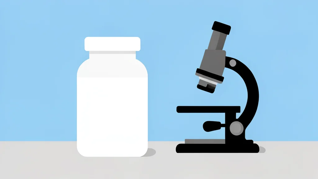 A white pill bottle with a generic label standing on a clean laboratory bench next to a microscope