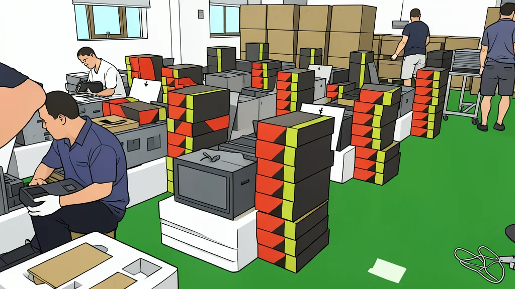 A stack of identical black rectangular boxes resting on a wooden pallet