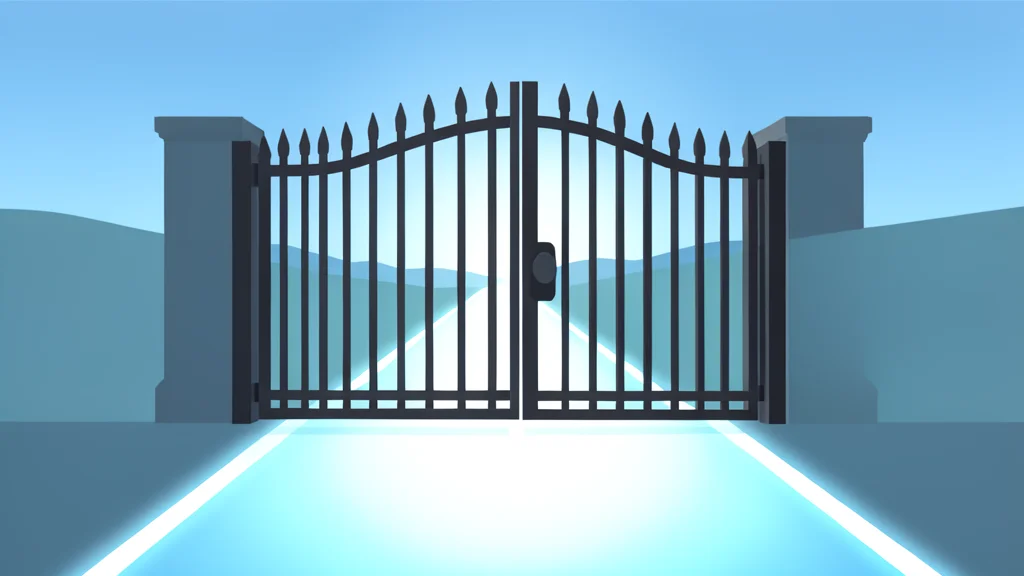 A heavy iron gate slowly closing over a glowing digital pathway
