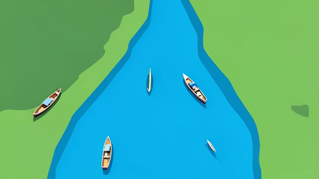 A flat vector illustration of a narrow strip of water separating two landmasses, with small boats crossing the surface.