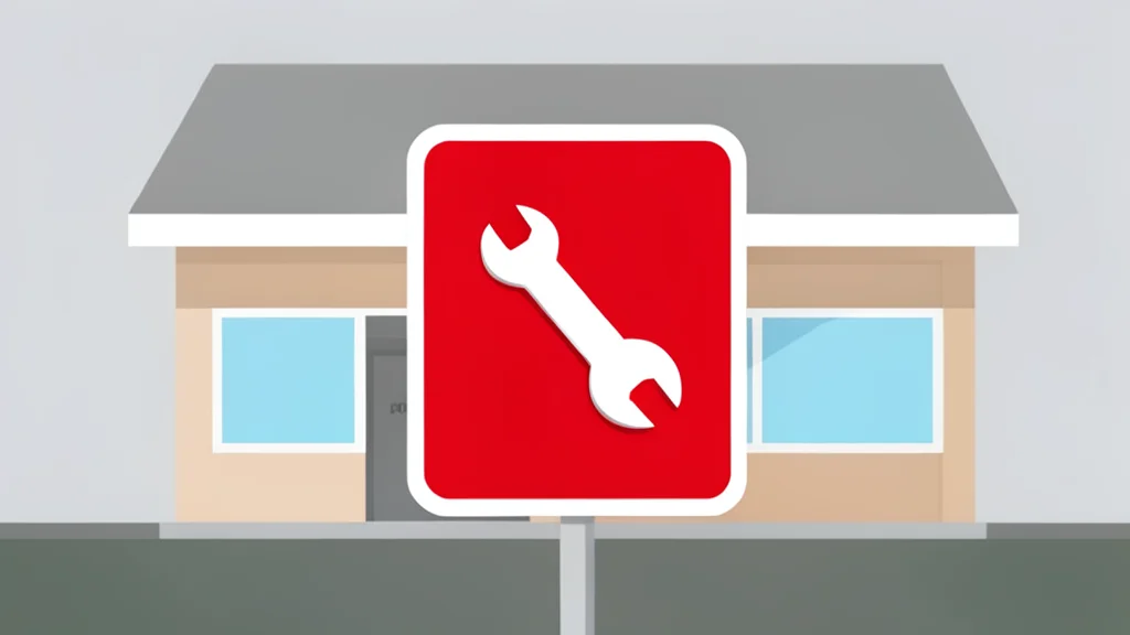 A red and white automotive service sign with a wrench symbol stands in front of a suburban retail store facade.