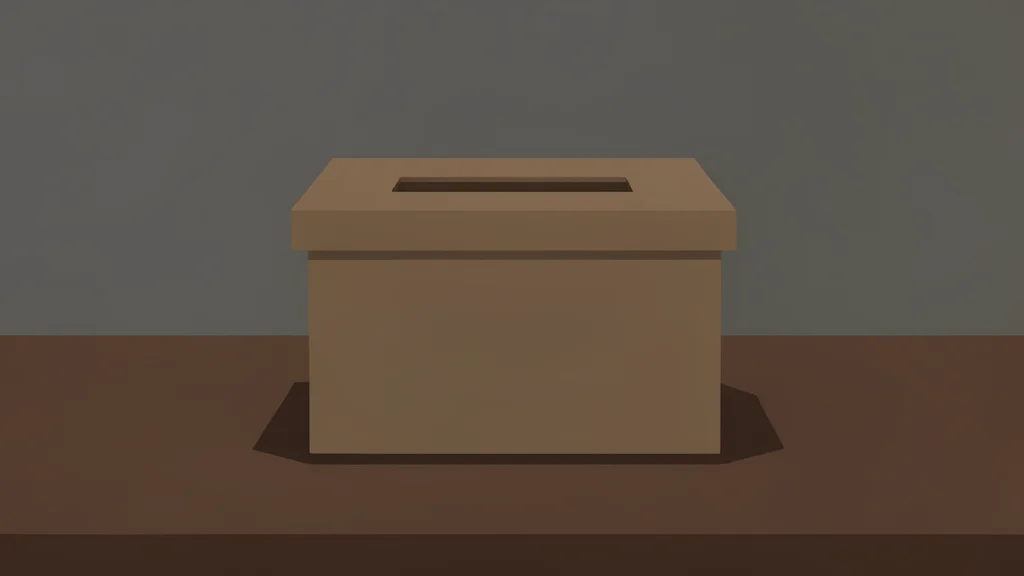 A wooden ballot box with a slot on top, sitting on a table in a dimly lit room.