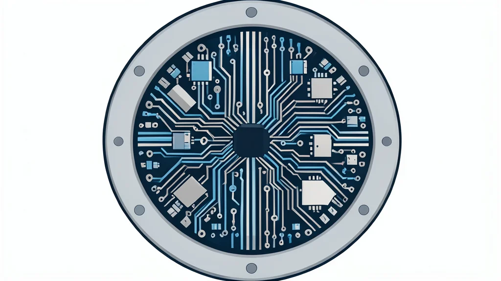 A close-up view of a complex silicon wafer with intricate circuit patterns
