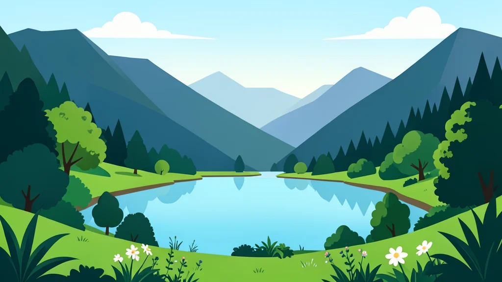 A serene mountain valley with a calm lake and lush gardens.