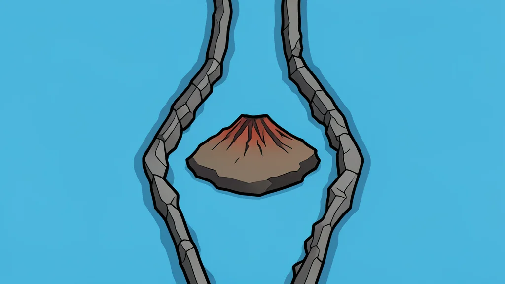 A flat vector illustration of a narrow, rocky strait connecting two bodies of water with a small, barren volcanic island in the center.