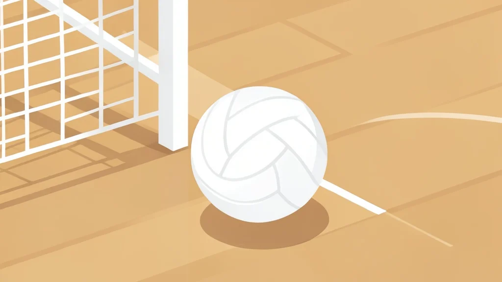 A white volleyball resting on a polished wooden gymnasium floor near a net post