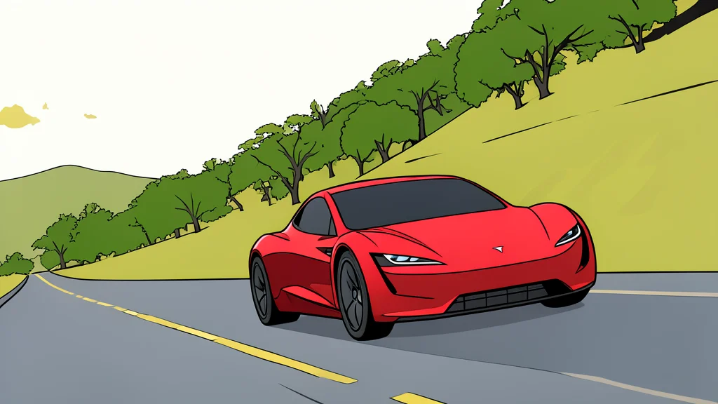 A sleek, low-profile electric sports car silhouette parked on a smooth, reflective surface under a twilight sky