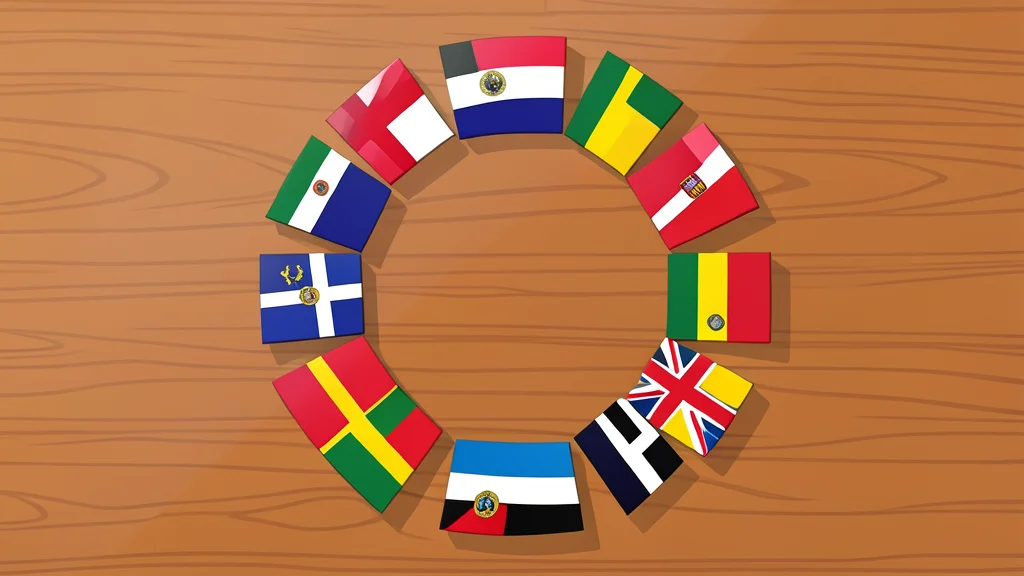 A cluster of diverse national flags arranged in a circular formation on a polished wooden table