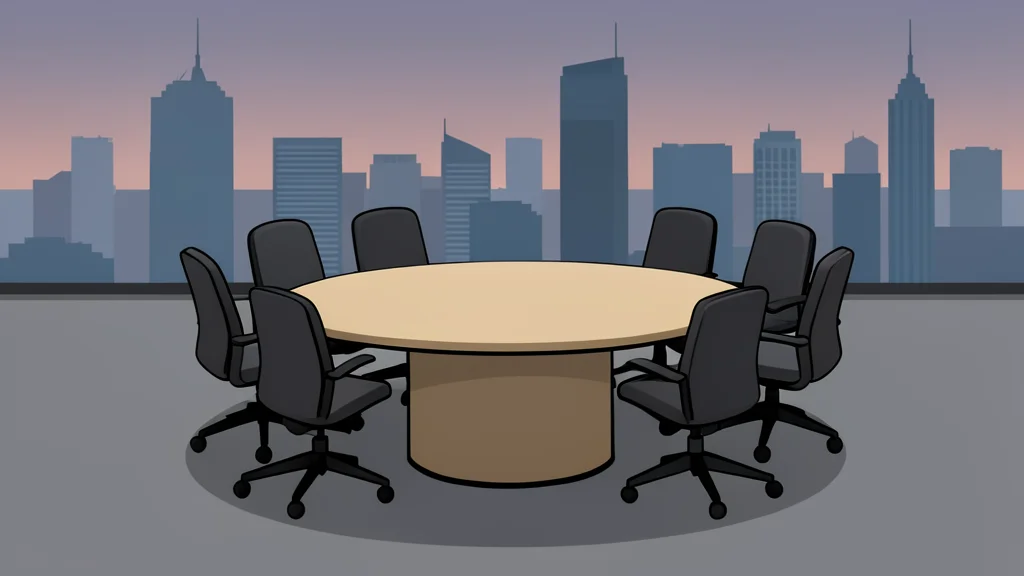 A large, round conference table with empty chairs arranged in a circle, set against a backdrop of a modern city skyline at dusk.