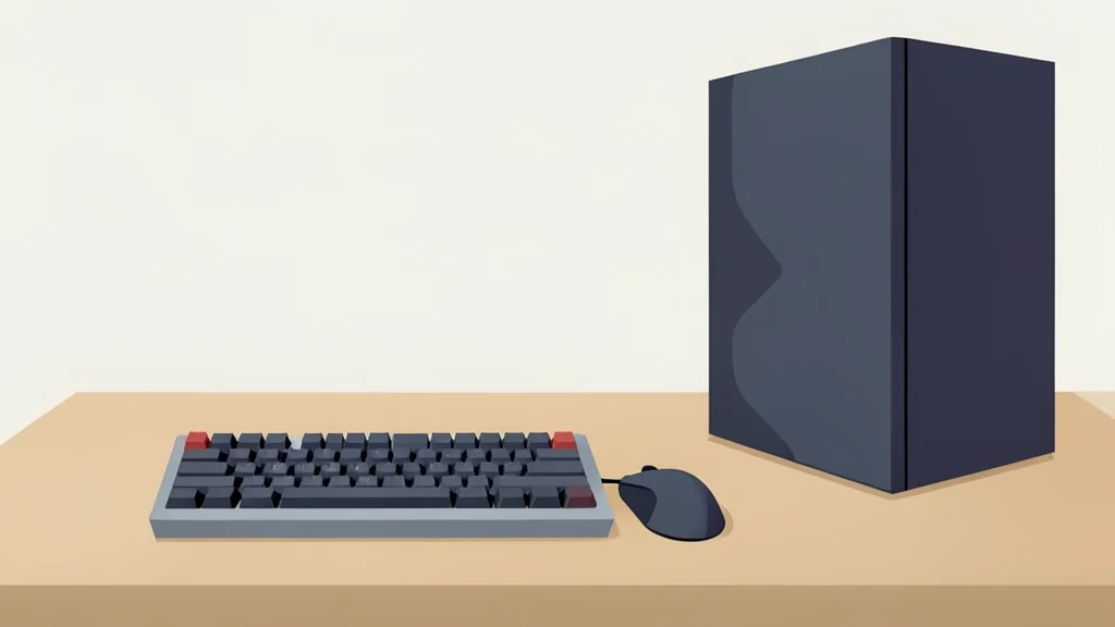 A minimalist flat-vector illustration of a mechanical keyboard and mouse on a desk beside a tower computer case.