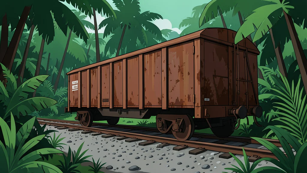 A rusted steel train car sitting on a gravel track in a dense jungle