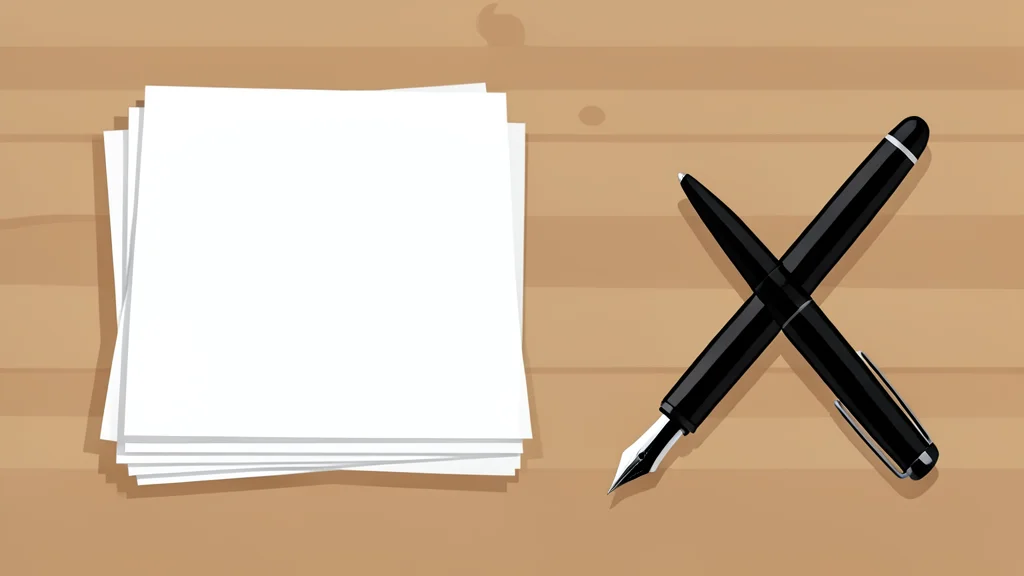 A stack of white paper documents resting on a wooden desk next to a fountain pen