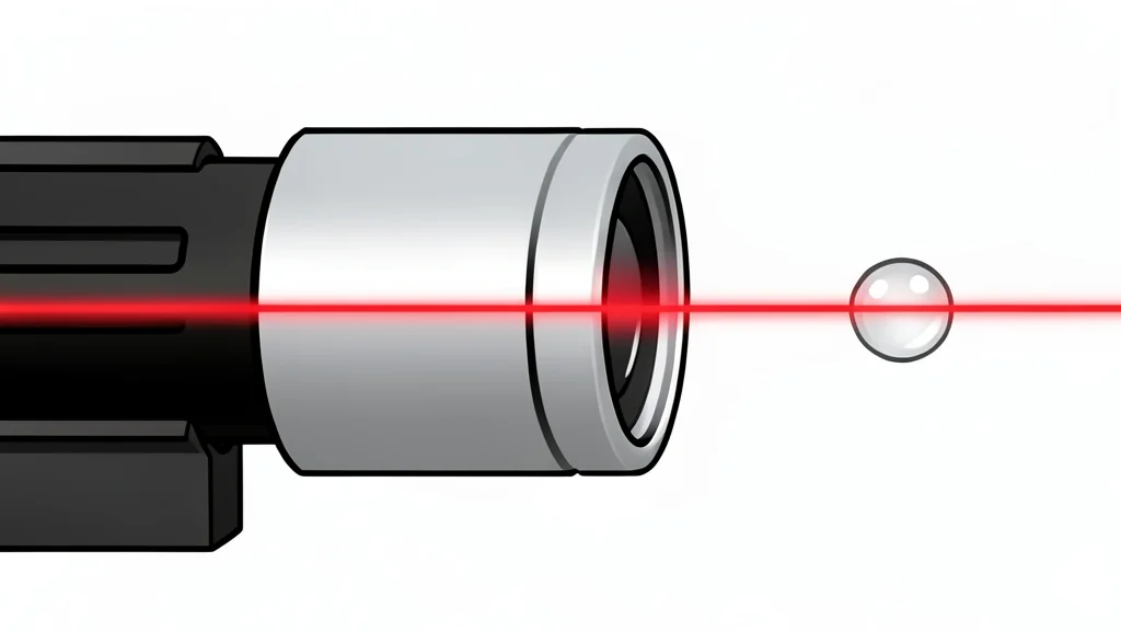 A flat vector illustration of a focused light beam passing through a single glowing atom suspended in empty space.