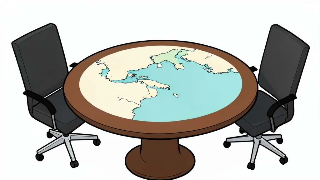 A diplomatic round table with two empty chairs and a map of the eastern Mediterranean coastline