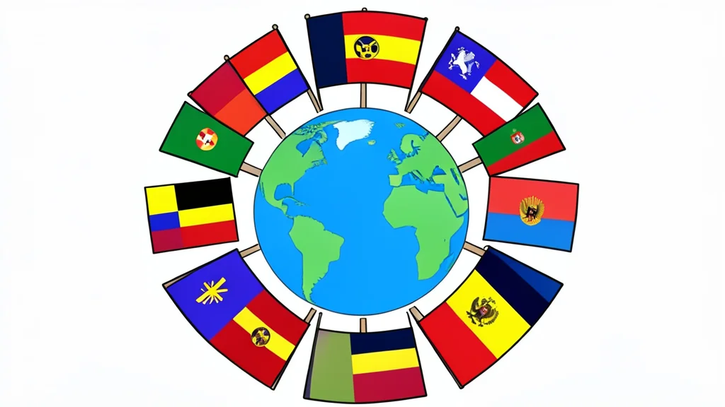 A cluster of diverse national flags arranged in a circle around a central globe