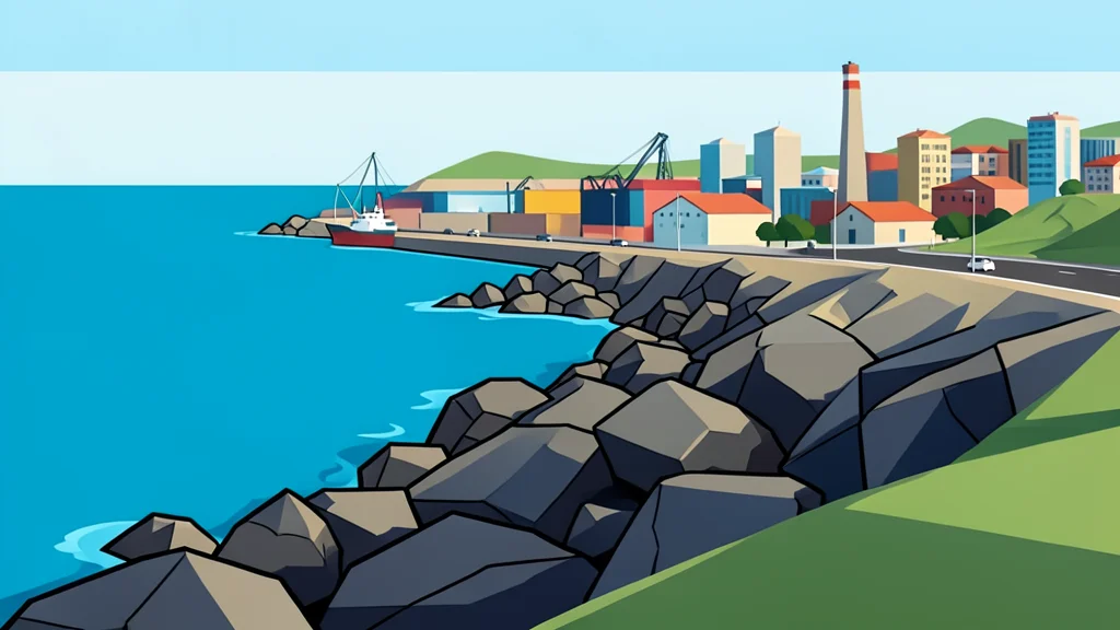 A rocky coastline meeting the sea near a port city